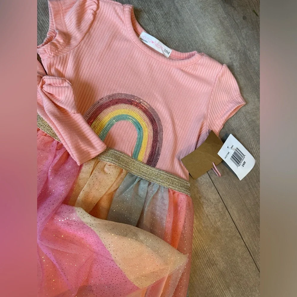 New Young Hearts Toddler Girl Pink Rainbow Tulle Twirl Dress & Hairband